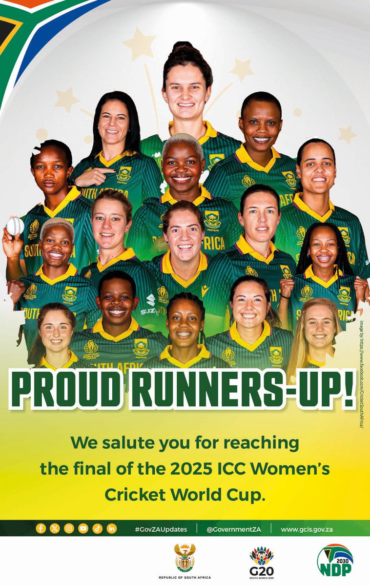 #GovZAUpdates| Government applauds the Proteas Women’s cricket team for their exceptional performance in the ICC Women’s Cricket World Cup final against India at the Dr DY Patil Stadium in Navi Mumbai today (2 November 2025).

#GovZAUpdates #InspiringANationofWinners #CWC25
