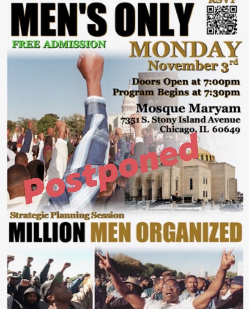 Peace. Postponed until further notice. Pls  spread the word &amp; thk u all 4 your desire and intention 2 attend Monday’s most important class

Insha’Allah (God) The Hon Min Farrakhan will bless us with his presence once the FOI Class is rescheduled

Your support is most appreciated