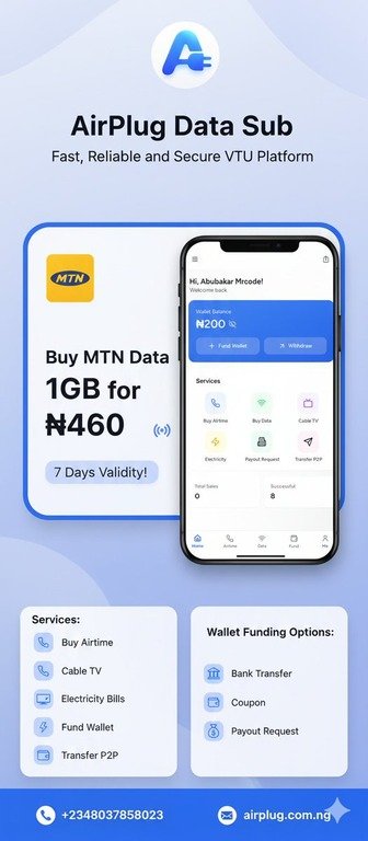 mrcode_ai's tweet image. Stop overpaying for data. Buy MTN Data 1GB for just ₦460 (7 Days Validity) on AirPlug Data Sub.
Fast, reliable, and secure VTU platform for:
Airtime &amp;amp; Data

Cable TV

Electricity Bills

Visit https://airplug.comng | Call +2349017324115 #AirPlug #MTNData #VTU #DataDeals
