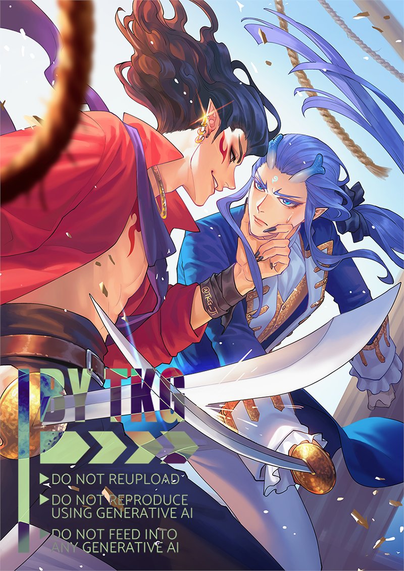 Here's my part for #藕饼 #oubing stamp rally CF21
The theme is pirate AU, and since the trope "enemies to lovers" is delish, the drawing turned into this 🤣
Pirate!Nezha, the most notorious pirate captain among the 7 seas x Captain!Ao Bing from the Royal Navy