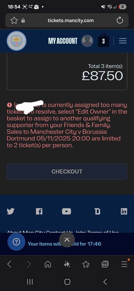 CityBlue08's tweet photo. @ManCityHelp trying to buy tickets for me and 2 kids, but I can't?? Am I supposed to tell one they can't come? https://t.co/KzyrNNlzmy
