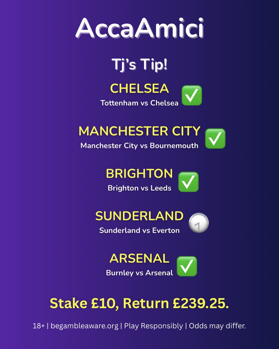AccaAmici's tweet image. Tj’s Tip is down to the last leg 👀
Sunderland take on Everton tomorrow — it’s going to be a tough one!

All eyes on tomorrow’s game! 

#AccaAmici #FootballTips #AccaTips #Sunderland #SAFC #Everton #PremierLeagueTips
18+ | begambleaware.org | Play Responsibly