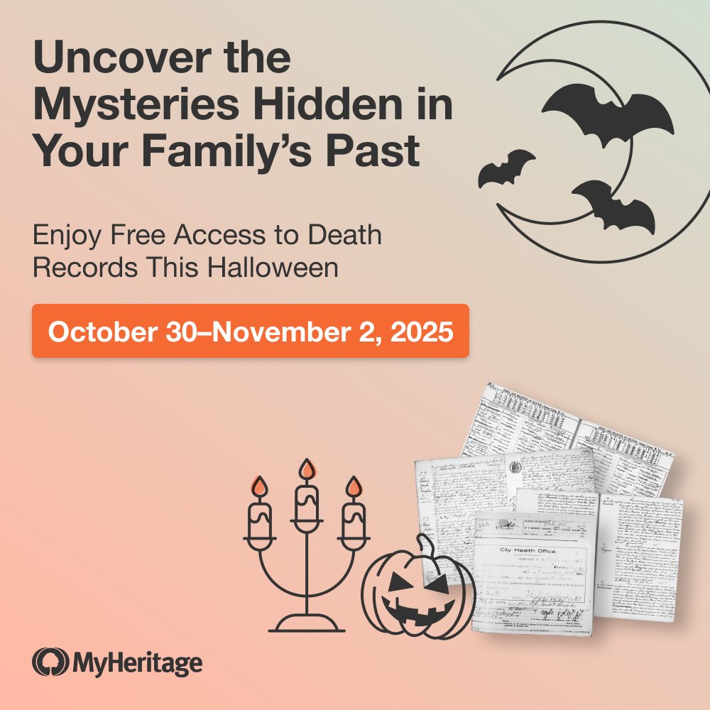 The door to the past closes tonight 🕯️
Explore 1.5 billion death &amp; burial records for free — only on MyHeritage, today.
Search now → myheritage.com/halloween