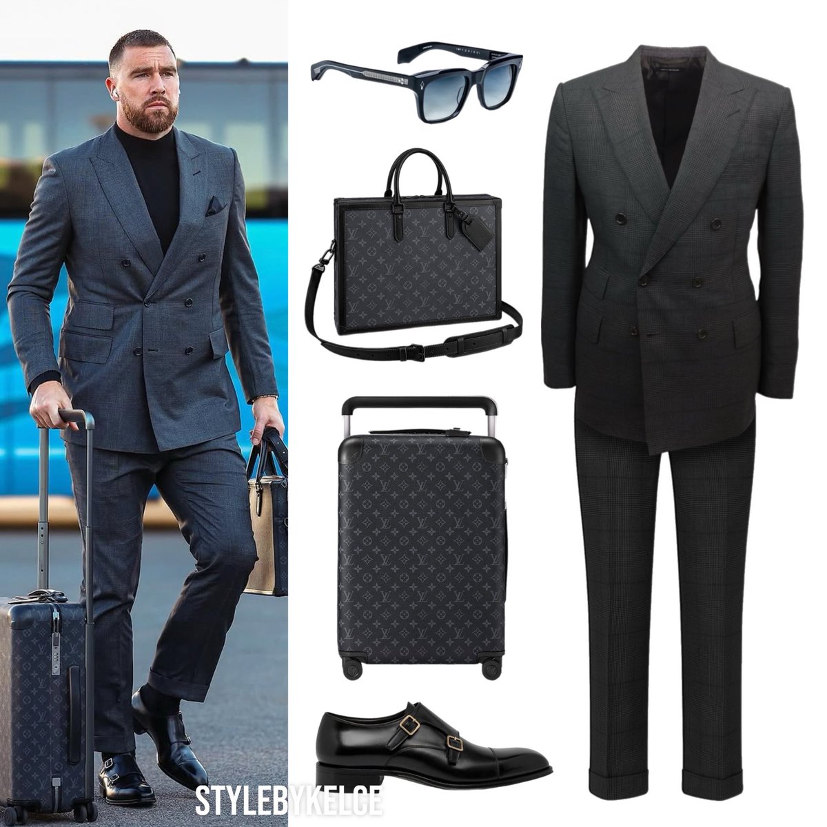 Travis Kelce arrives in Buffalo with the Chiefs ⋆ November 1, 2025

#TomFord Custom Suit (similar pictured)
#TomFord Claydon Monk Strap Loafers ($1,890) 
#LouisVuitton Soft Trunk Briefcase (sold out)
#LouisVuitton Horizon 55 ($3,450)
#JacquesMarieMage Torino Sunglasses ($870)

_