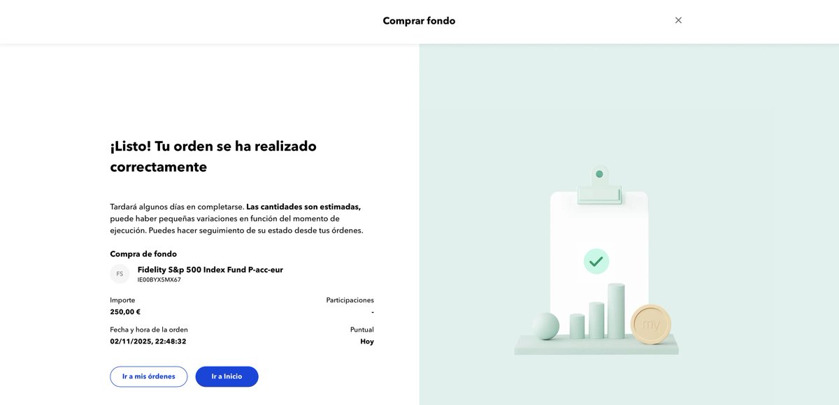 CrecerFinanzas2's tweet image. Empezamos noviembre cumpliendo como debe ser 🫡

💰+250€ a mi fondo del SP500📈

🚀Superamos el 11% de rentabilidad desde junio 2025 

Paso a paso, mes a mes. La constancia construye el futuro. 📊

¿Tú también aprovechas cada mes para aportar? 👇🤔

#Inversión…