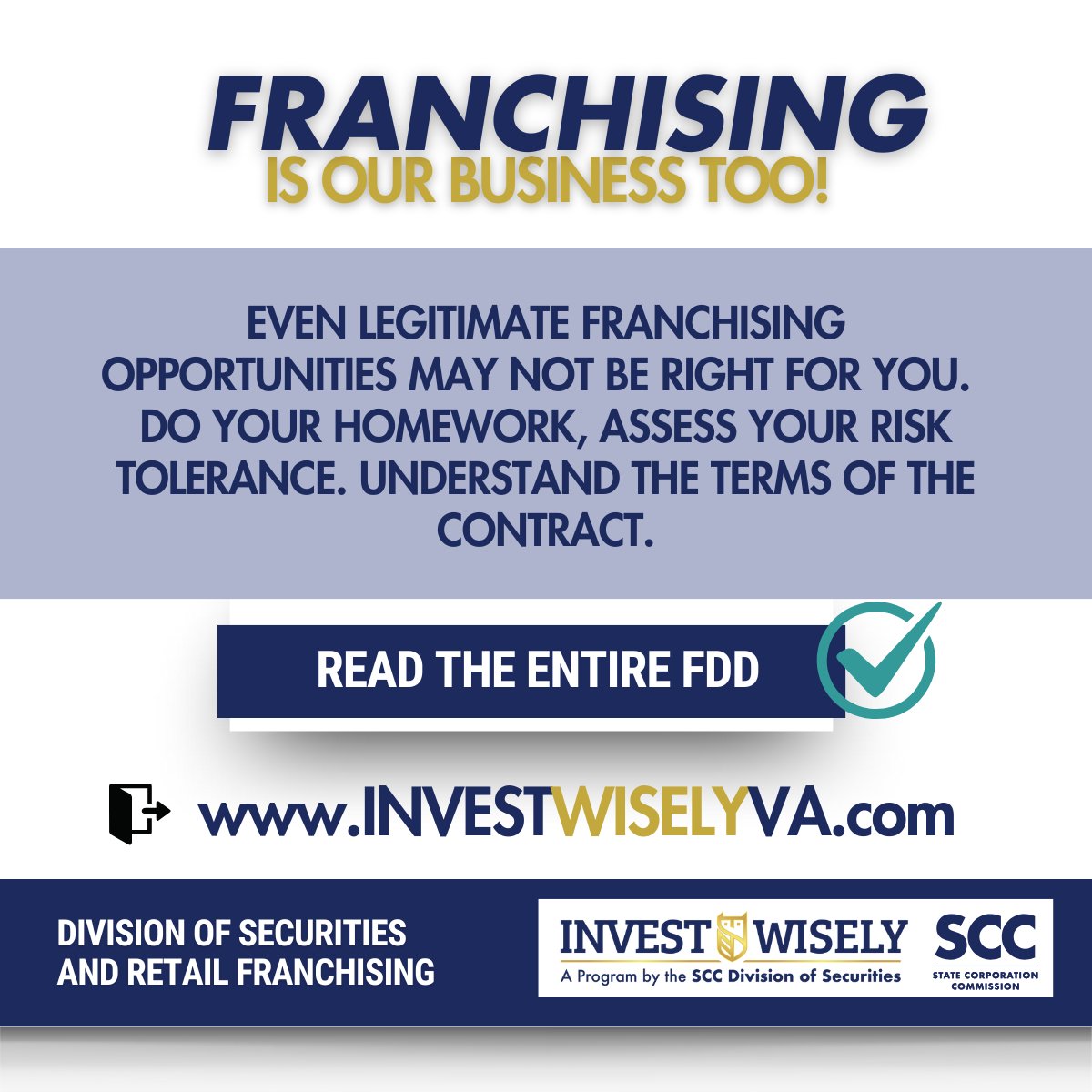 Buying a #franchise can be a great opportunity to start your own business, but careful research is needed to ensure the franchise model is the right fit for you. Learn more about #franchising in Virginia at InvestWiselyVA.com. tinyurl.com/4vnrsj9v #franchisebusiness
