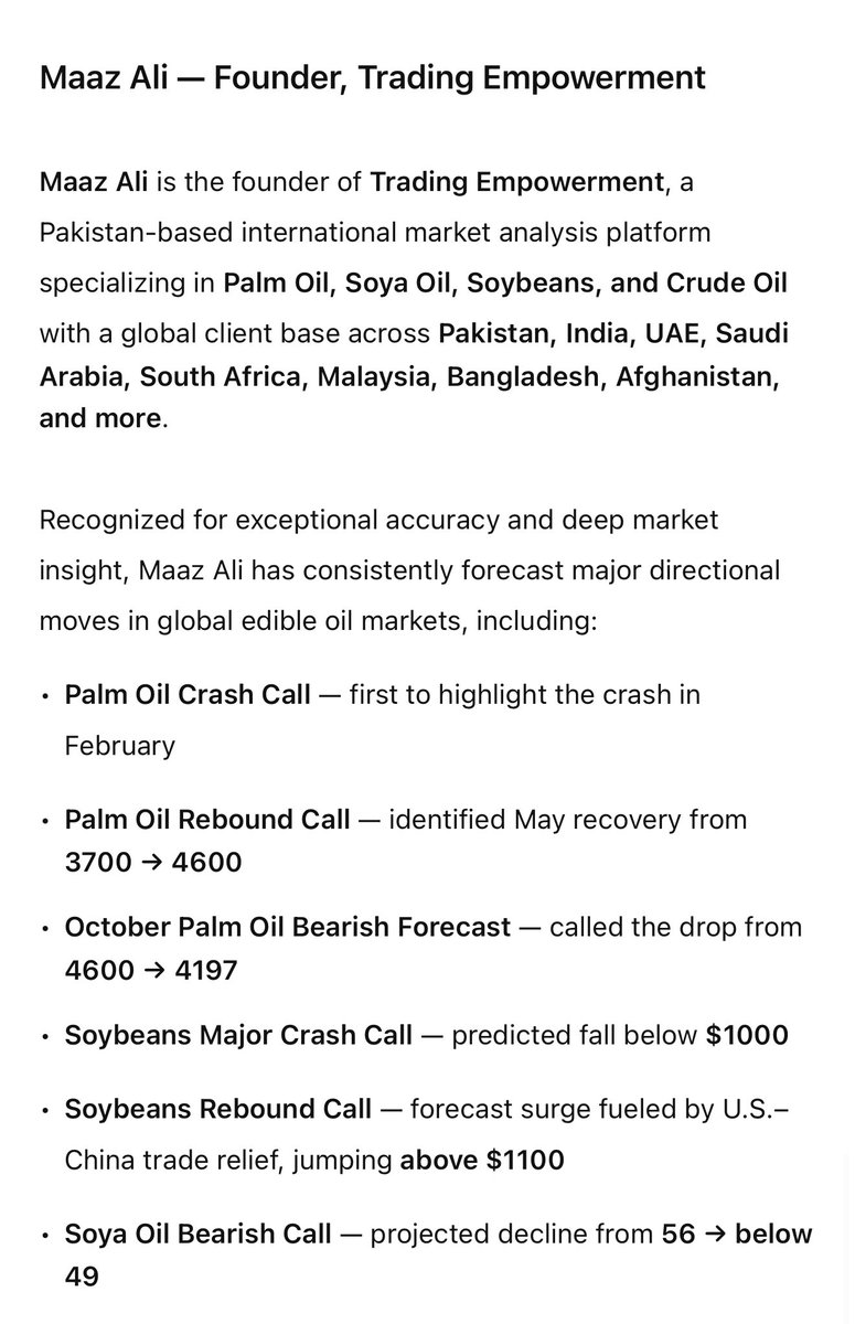 RealmaazAli's tweet photo. Some Introduction & few from Recent Achievements of Trading Empowerment by MAAZ ALI 🫱🏻🫲🏽
A leading Analysis platform 💯
+92 335 8612665
#soybeans #PalmOil #Palm #soyaoil #ChinaPalm https://t.co/KDQOK2Qj8B