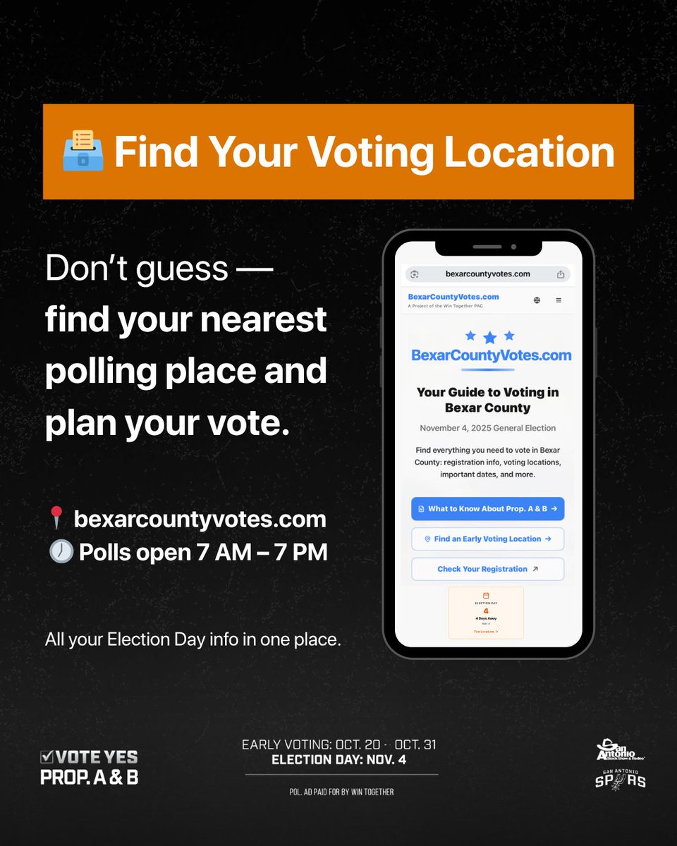 Two days left to vote — Election Day is Tuesday, November 4th, and you may vote from 7 AM - 7 PM

Check your polling place and make your plan now at Bexar County Votes 👉 BexarCountyVotes.com