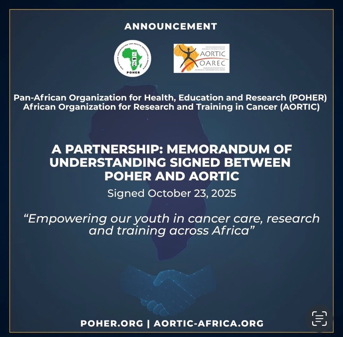 ANNOUNCEMENT 
<a href="/POHER_NGO/">POHER</a>  🤝 <a href="/AORTIC_AFRICA/">AORTIC</a> Signed agreement  

💫a natural synergy to create a collaborative partnership that will enhance educational opportunities and expand access to mentorship and research training for medical students.

#partnership #mentorship  #research