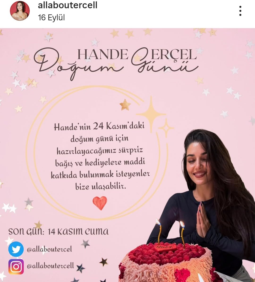 Hande Erçel'in 24Kasım'daki dogum günü için sürpriz hediye ve bagışlara katkıda bulunmak isteyenler Hande'nin resmi fan sayfasına "Allaboutercell" intagram hesabından ulaşabilir.Çok az kaldı👇🏻❣️🫂 #HandeErçel 
instagram.com/allaboutercell…