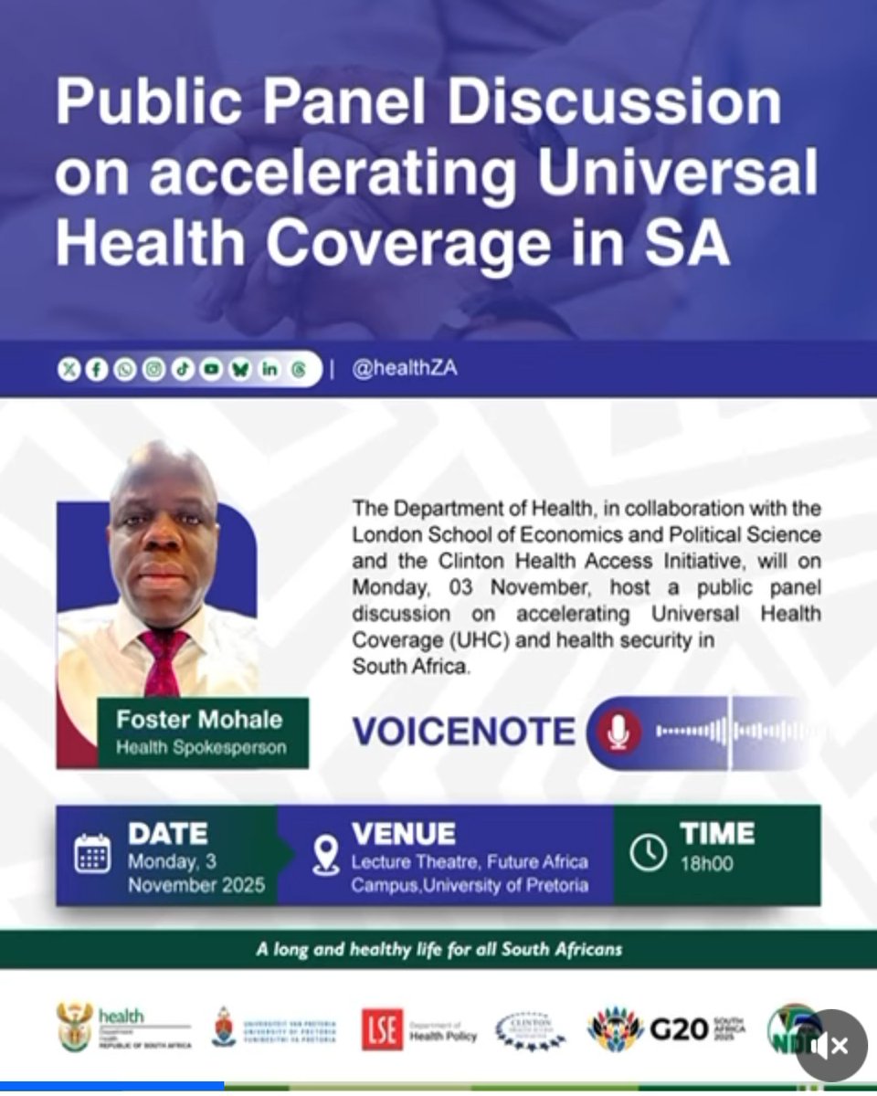Join the Conversation on Accelerating Universal Health Coverage in South Africa.
The Department, in collaboration with the London School of Economics and the University of Pretoria, invites you to a Public Panel Discussion on advancing #UHC.
🎥Live stream facebook.com/share/1AdMmvsu…