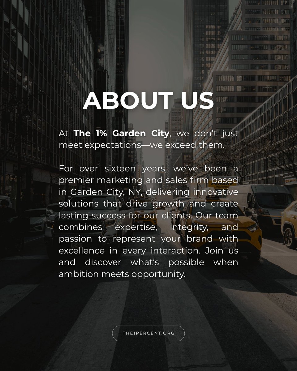 The1PercentNY's tweet image. At The 1% Garden City, we don’t just meet expectations — we exceed them. 🚀 For over sixteen years, we’ve driven growth, built lasting client relationships, and set the standard in marketing and sales.
-
#growthdriven #teamworkmakesthedreamwork #careerdevelopment