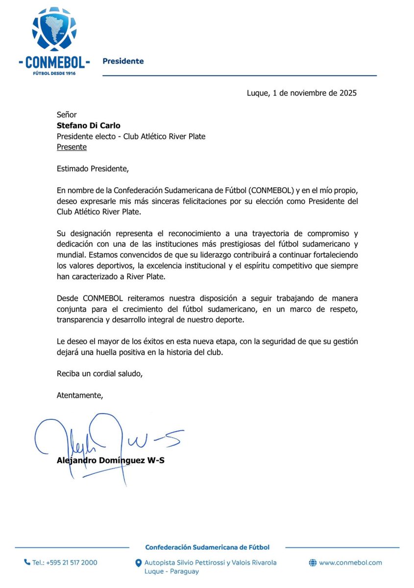 Gracias querido Presidente <a href="/agdws/">Alejandro Domínguez</a> y <a href="/CONMEBOL/">CONMEBOL.com</a> por su mensaje. <a href="/RiverPlate/">River Plate</a> seguirá siendo un actor clave en la consolidación y el crecimiento del fútbol sudamericano, reafirmando su liderazgo y acompañando el crecimiento sostenido que el fútbol de la región ha alcanzado durante su