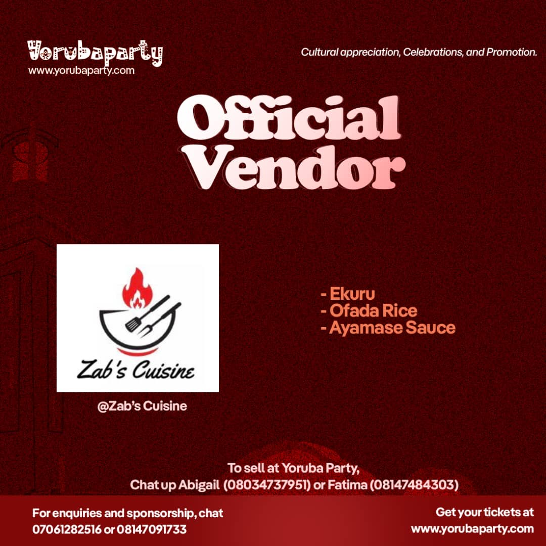 It’s official!💃🏾💃

Zabs Cuisine will be LIVE at the Yoruba Party in Ibadan,December 14th! 

Your presence and support mean a lot to me as I keep growing this dream ❤️

I’m pulling up with my signature Yoruba flavours:
🍚 Ofada Rice &amp; Ayamase sauce 
🍛 Ekuru and pepper sauce