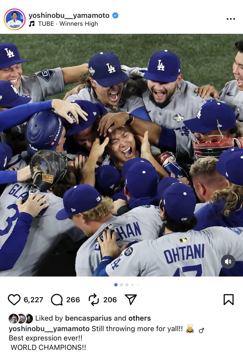 Yoshinobu Yamamoto shares a message to Dodgers fans on his Instagram after winning his 2nd World Series:

“Still throwing more for y’all!!! Best expression ever!! WORLD CHAMPIONS!!”