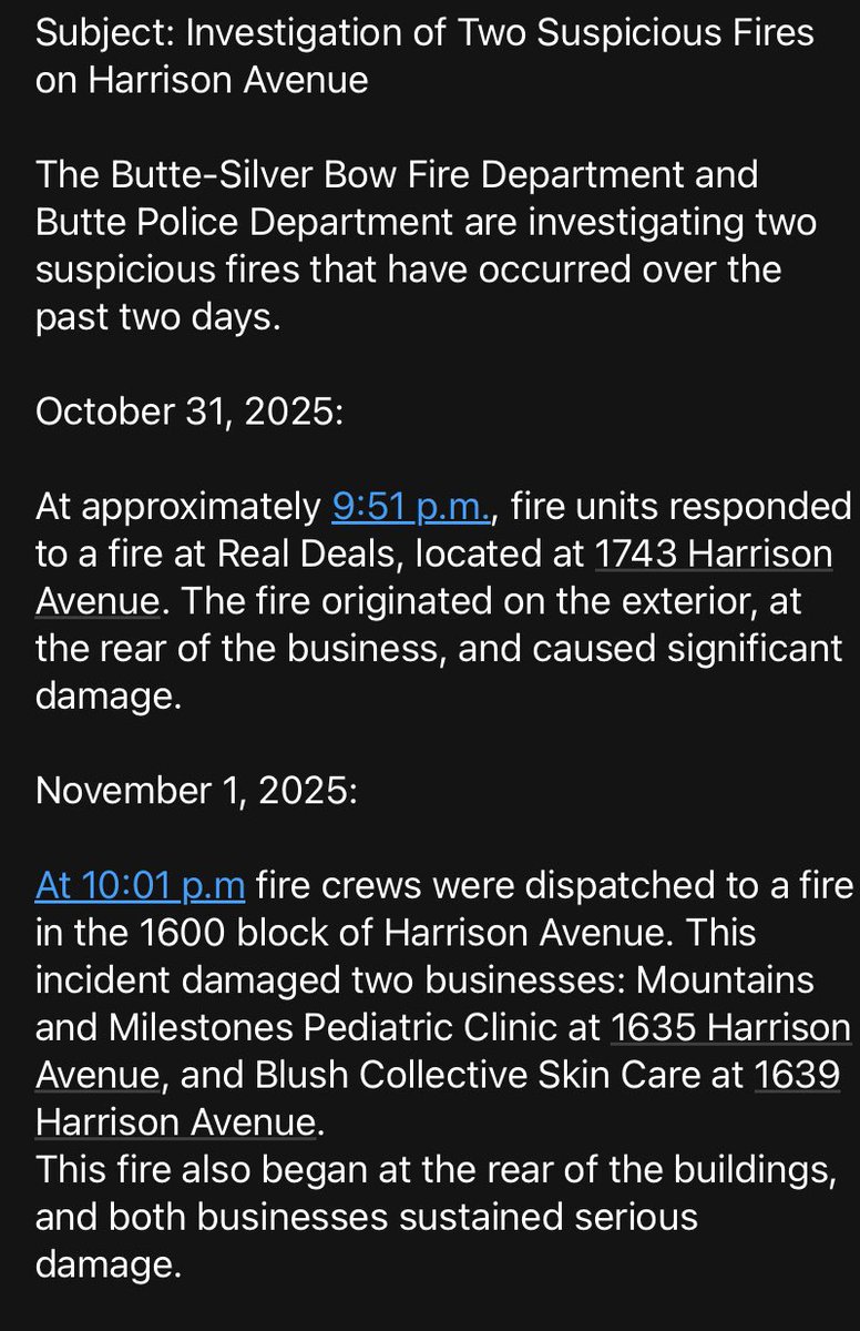 JoshMNBCMT's tweet image. DEVELOPING

Investigations ongoing after a pair of suspicious fires along Harrison Avenue in Butte this weekend #mtfire #mtnews
