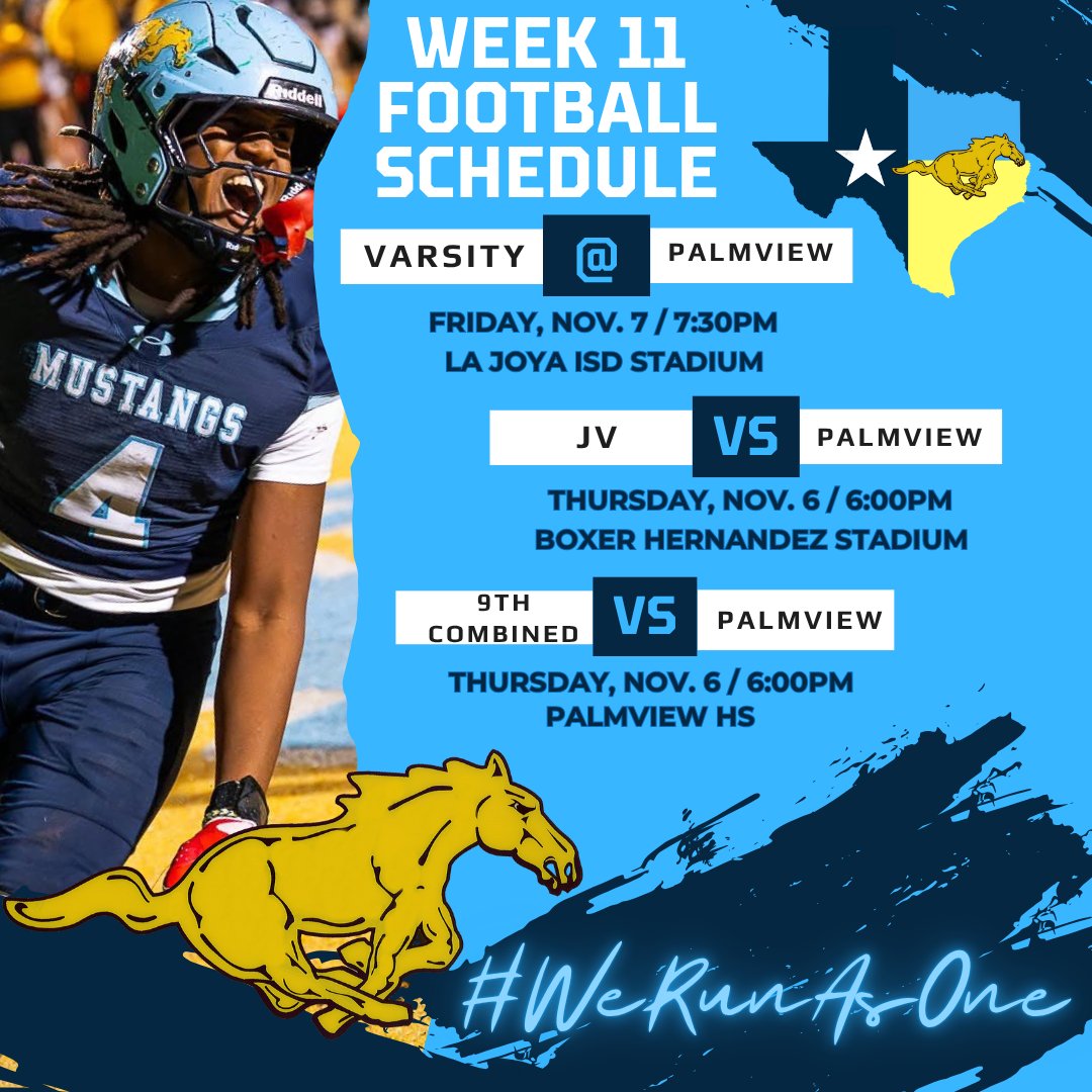 mospatterson's tweet photo. Good Afternoon Mustangs,

Here is your Mustang practice plan and game info for the week. Ticket links will be updated as they become available / change.

Memorial’s Week 11 Football Schedule

9th Combined @ Palmview, Thursday, 11/6/25, 6:00pm, Palmview HS.
TBA

JV vs. Palmview, Thursday, 11/6/25, 6:00pm, Boxer Hernandez Stadium.
https://t.co/Z5JbWhydmy

Varsity @ Palmview, Friday, 11/7/25, 7:30pm, La Joya ISD Stadium.
https://t.co/I7dCbZ7hDP

Coach Patterson
#WeRunAsOne #BeBetterBeBlue