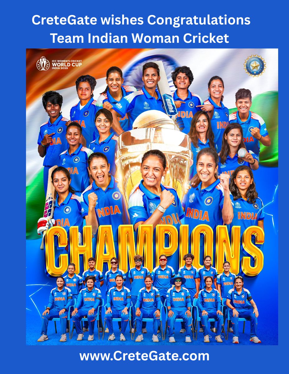 chakhradhaar's tweet photo. 𝐂.𝐇.𝐀.𝐌.𝐏.𝐈.𝐎.𝐍.𝐒 🏆

Congratulations to #TeamIndia on winning their maiden ICC Women's Cricket World Cup 🇮🇳 

Take. A. Bow 🙌

#WomenInBlue | #CWC25 | #Final | #INDvSA
#CreteGate https://t.co/nNvF0KfI6s