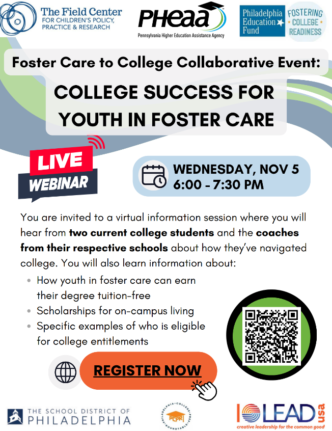 Did you know every Pennsylvania college campus has someone whose job is to support youth in foster care on their path to a degree? 🎓

Join us for College Success in Foster Care, a virtual event featuring college students and their campus coaches as they share how they’ve
