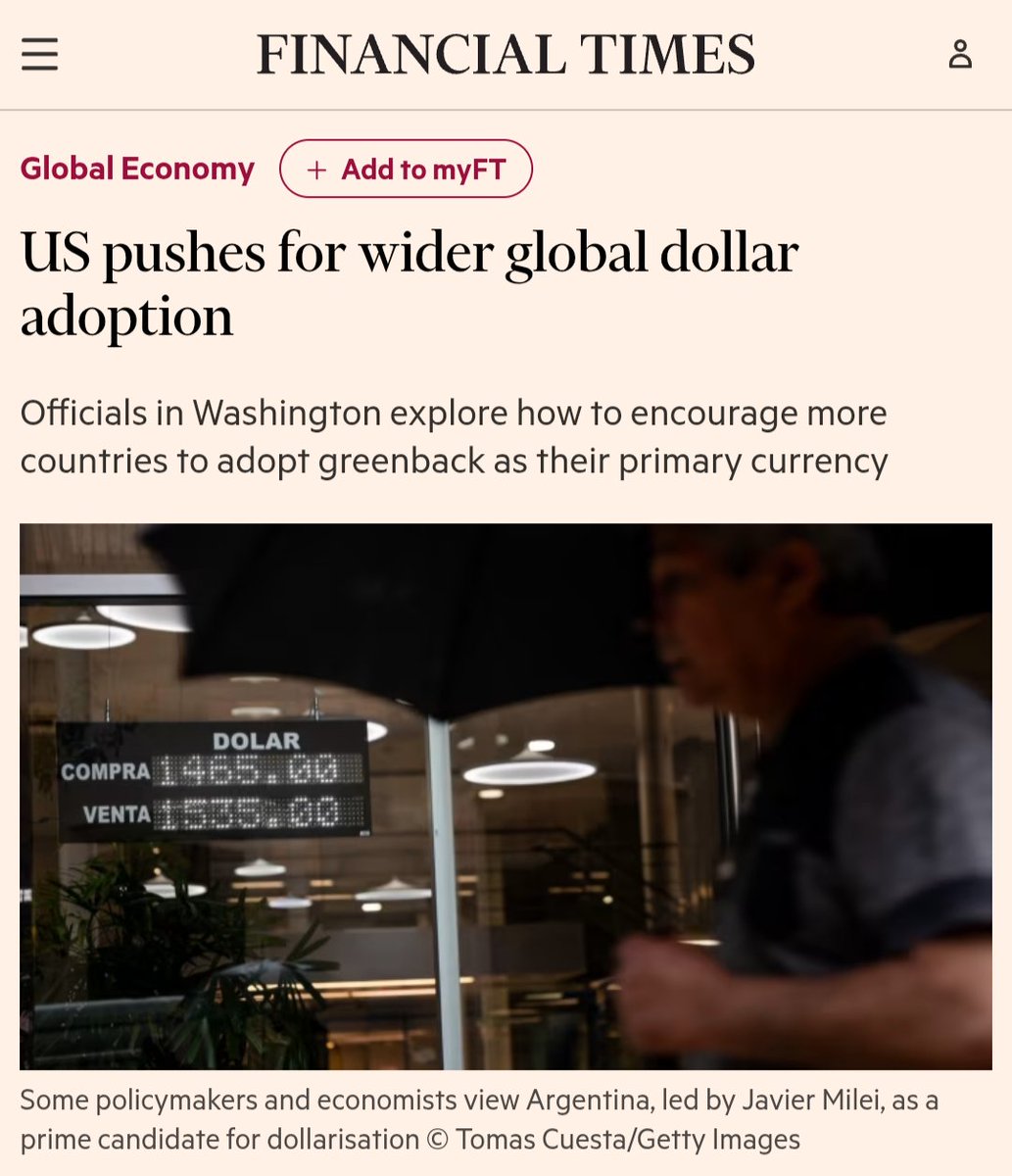 "Trump administration officials are discussing ways to encourage other countries to adopt the dollar as their primary currency to counter a China-led charge to erode the greenback’s global dominance."
ft.com/content/fae0ec…