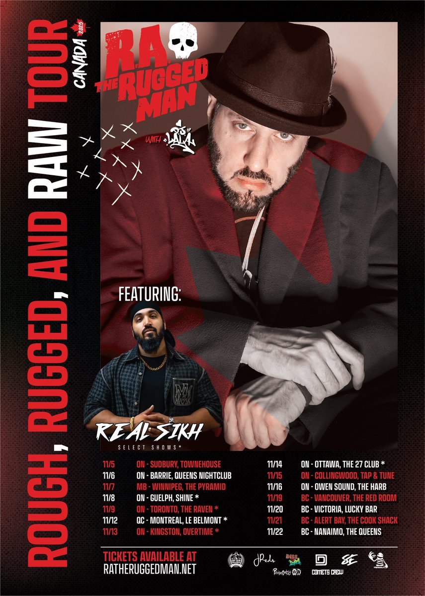 CANADA! 

Ima be on tour with RA the Rugged Man from NOV 8-14 

We hitting Guelph, Toronto, Kingston, Montreal and Ottowa 

If you in the area pull up! 

Ima be performing songs from my upcoming project “Sikh Thoughts” 

Dropping NEXT SUNDAY 🗓️ 

TICKETS: ratheruggedman.net/pages/tickets?…