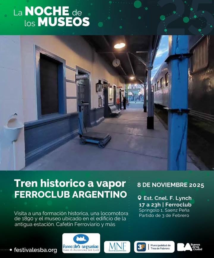 🖼 Vení a visitar un tren a vapor en la estación de Lynch de la Línea Urquiza!

Este sábado por La Noche de los Museos habrá una exposición de Ferroclub Argentino, incluyendo vehículos ferroviarios históricos, el museo de la estación, visitar el nuevo Cafetin Ferroviario, y más🚂