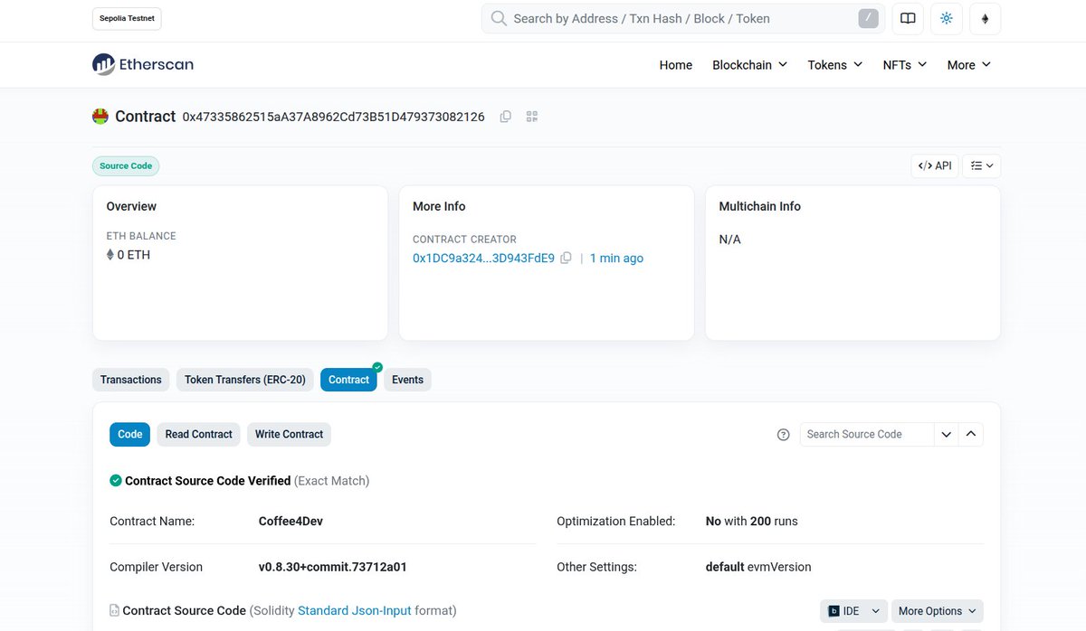 first smart contract officially on-chain 😌
deployed on Sepolia testnet &amp; seeing it on <a href="/etherscan/">etherscan.eth</a>  feels like magic fr ✨
built using <a href="/EthereumRemix/">Remix Project</a>  + <a href="/solidity_lang/">Solidity</a> 

#Web3 #Solidity #RemixIDE #Ethereum