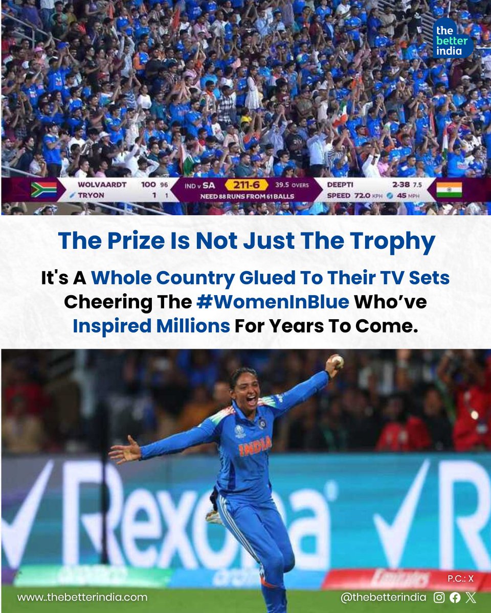 thebetterindia's tweet image. They didn’t just win a match; they won every heart that stayed up past midnight, hands folded, eyes wet, believing.

When the final ball was bowled and the tricolour rose high, it wasn’t just the Women in Blue who cried; it was a whole country that finally exhaled.

From drawing…