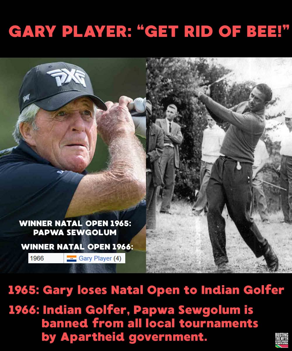 Rahul_AJ_1990's tweet image. Did u know that Papwa Sewgolum had to collect his SA Golf trophy in the rain? It was passed to him thru the window, because Gary Player &amp;amp; his apartheid mates refused to allow Papwa into the whites-only clubhouse.

And after Papwa gave him a hiding on the course, Gary had Papwa…