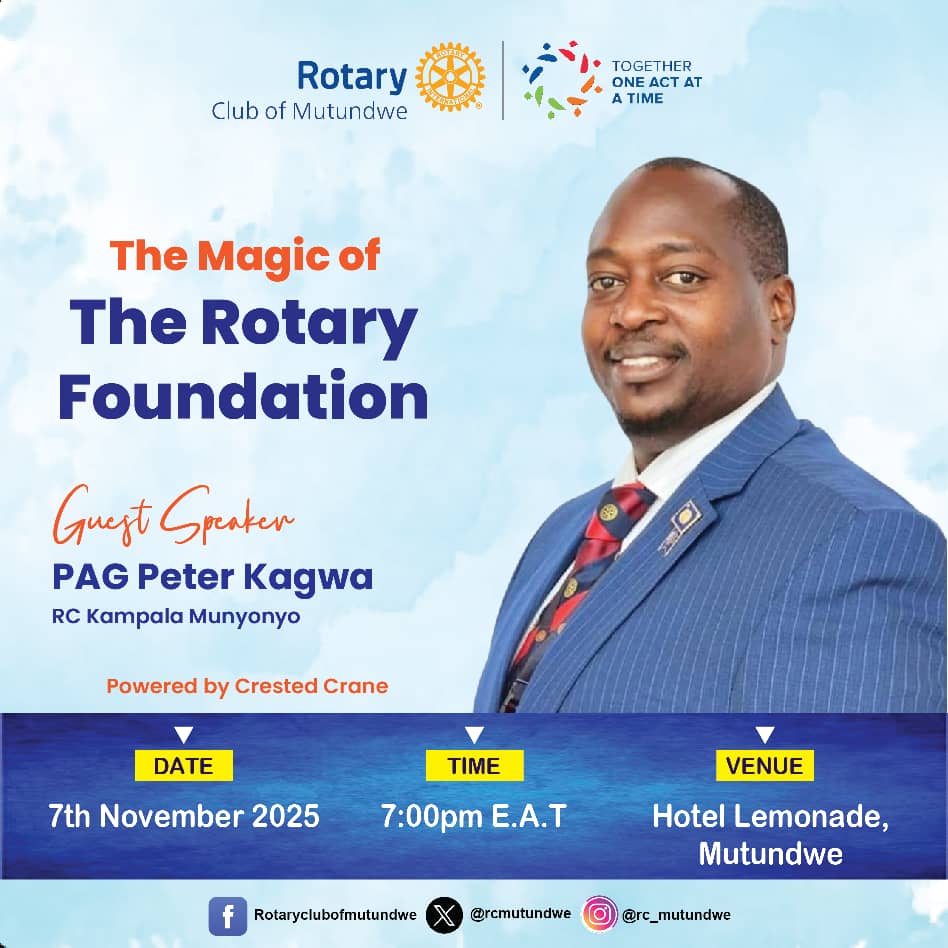 Hotel Lemonade awaits! 🦢 

Join Rotary Club of Mutundwe for an evening exploring The Rotary Foundation's magic with PAG Peter Kagwa (RC Kampala Munyonyo). 

📅 Friday,7th November.

⏳️ 19:00 Hrs

🏨  Hotel Lemonade 

 Your next act of service starts here! Follow us for updates