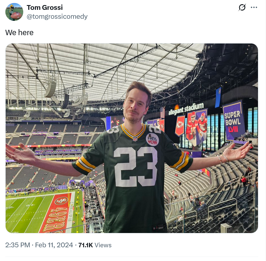 SulLindsay's tweet photo. @bradypenn21 Also youtuber tom grossi was at one of the games during both teams playoff runs. Super bowl 58 where the chiefs won, and NLCS game 3 where the Dodgers won. https://t.co/QPzBMs8u2r