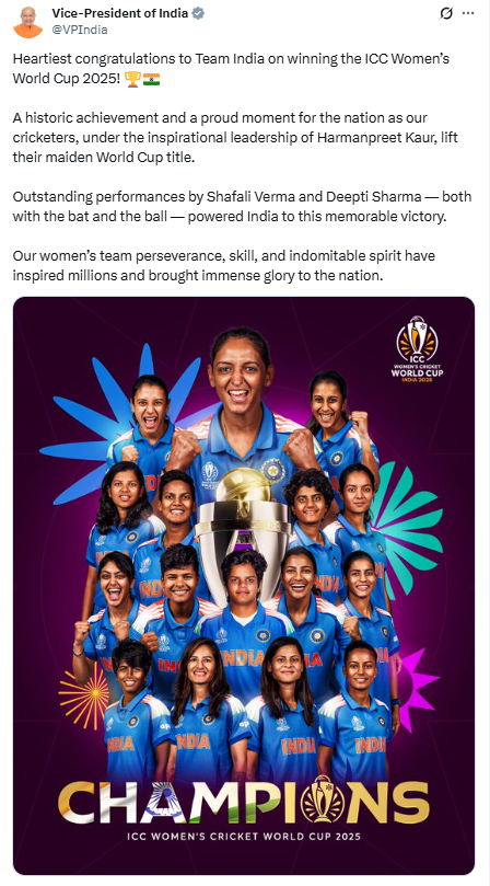 PTI_News's tweet image. Vice-President of India C. P. Radhakrishnan posts: &quot;Heartiest congratulations to Team India on winning the ICC Women’s World Cup 2025! 🏆🇮🇳 A historic achievement and a proud moment for the nation as our cricketers, under the inspirational leadership of Harmanpreet Kaur, lift…