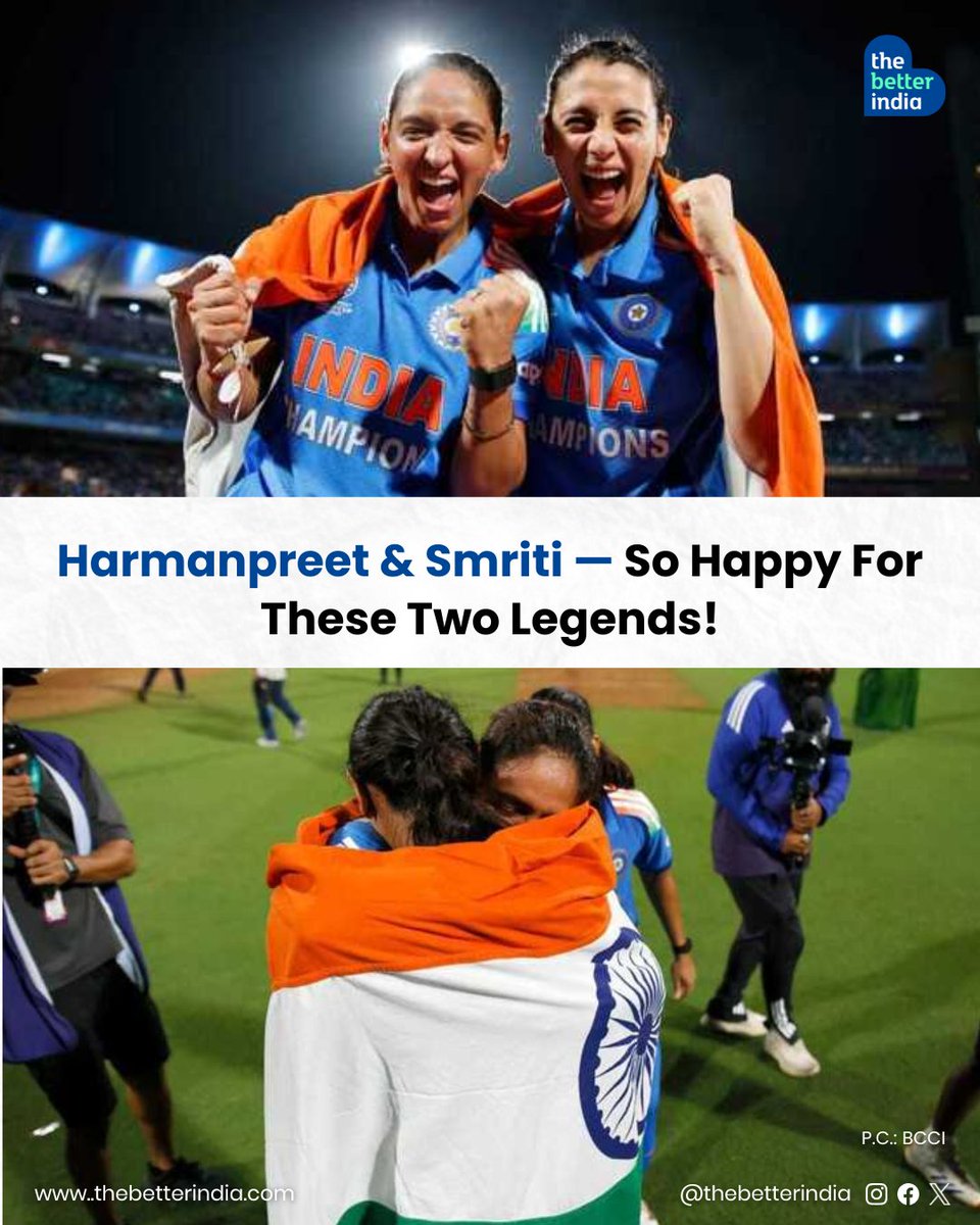 thebetterindia's tweet image. At the stroke of midnight, history was written in Navi Mumbai.

As Harmanpreet Kaur caught the final ball and turned back, vice captain Smriti Mandhana ran into her arms.

Both broke down — years of heartbreak, hard work, and hope pouring out in one embrace.

For the first time…