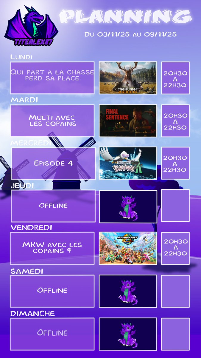 AlexClnc's tweet image. 190ème planning ! #PokemonLegendZA #TheHunterCallOfTheWild #finalsentence #MarioKartWorld 
twitch.tv/titealex87