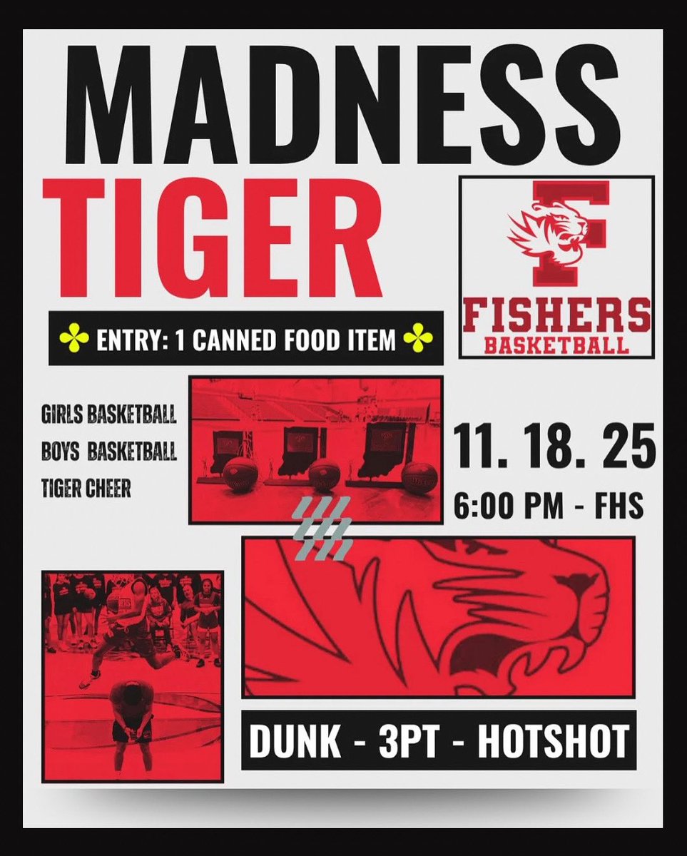 FHS_FastBreak's tweet image. It’s time for TIGER MADNESS @ Fishers High School! 🏀

📅 Tuesday, Nov. 18th

⏰ 6:00pm

Boys Basketball • Girls Basketball • Tiger Cheer 

🥫 Bring 1 canned food item for entry — all donations support local families this holiday season ❤️

Let’s go Tigers!!! 🔥🐅