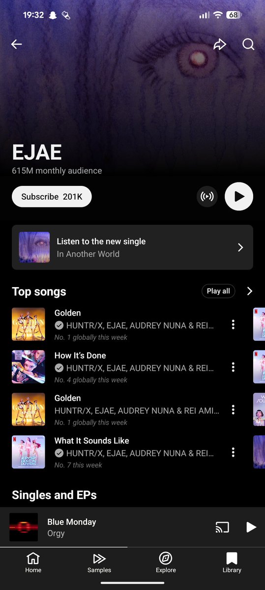 YouTube Music flagged me as being a top 1% fan of an artist called "EJAE", having listened to them so much out of 615 million people. 

I had no idea who this was, so clicked the Artist info.

It's the fricking Kpop Demon Hunters soundtrack 😅