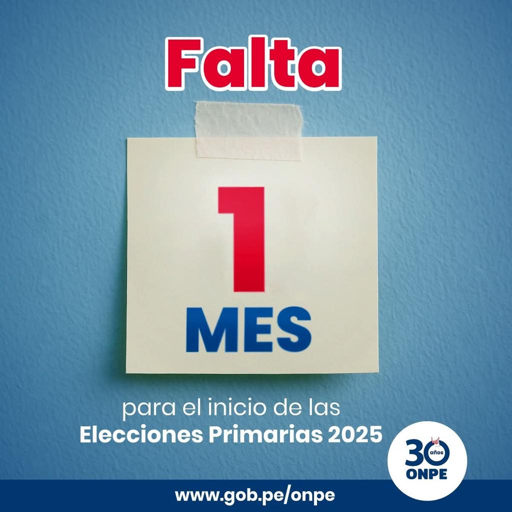 ONPE_oficial's tweet image. ⏳ ¡Falta un mes para el inicio de las #EleccionesPrimarias!

En este proceso, las organizaciones políticas definirán a sus candidatos para las #EG2026.

🗳 Recuerda: las votaciones para la modalidad afiliados es el 30 de noviembre y modalidad delegados el 7 diciembre.