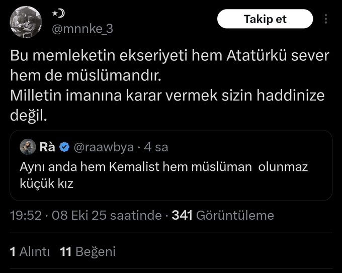 İslam Tevhid dinidir, içinde hiçbir ideolojiye, hiçbir ‘izm’e yer yoktur. 

Hem Kemalistim hem Müslümanım diyen kafirler sürüsü ya İslam’ın Tevhidini anlamamış ya da Kemalizm’in ideolojisini..

Her kim müslümanım diyerek islam düşmanlarına sevgi besliyorsa kafirdir..

#FBvBJK