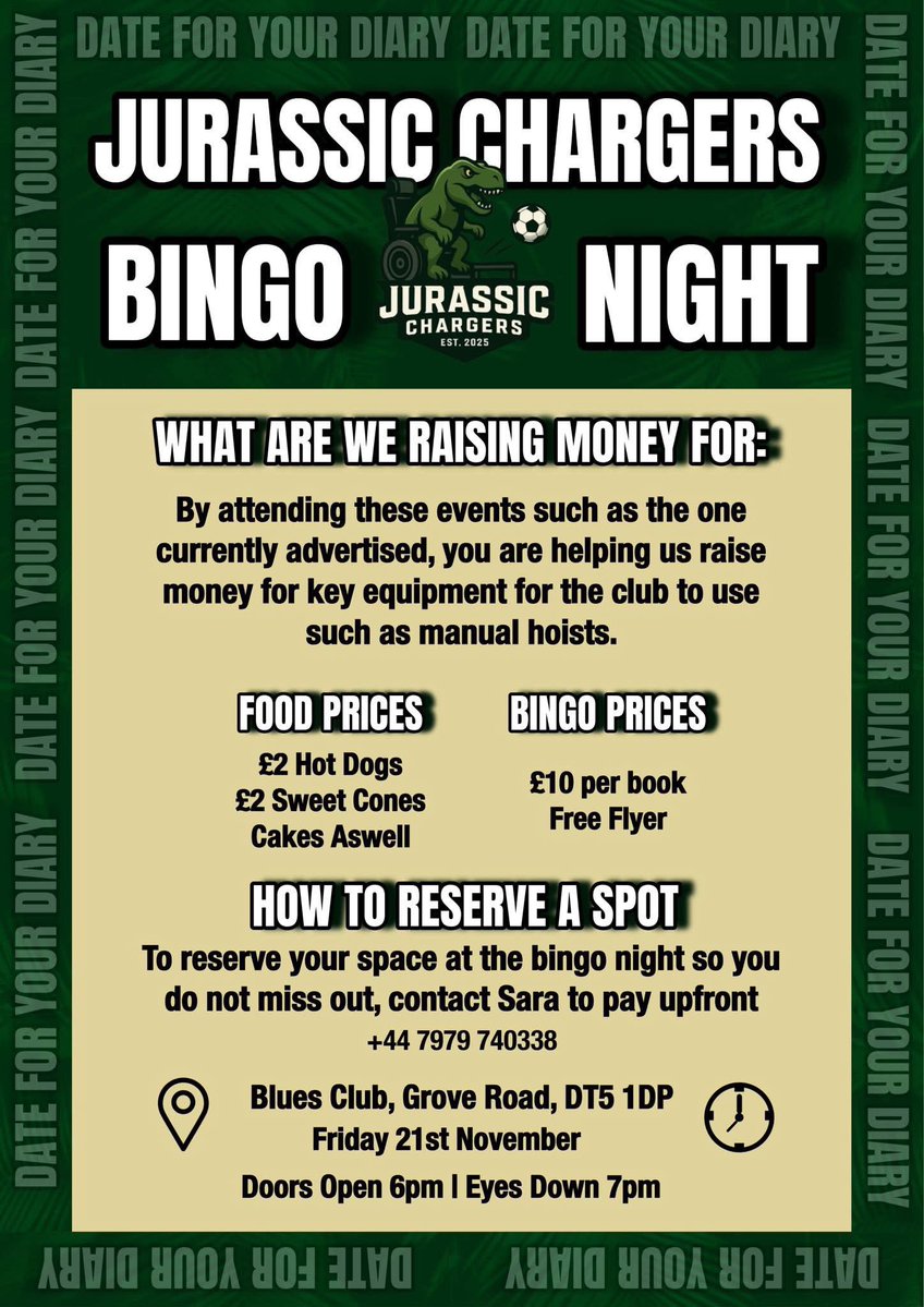 jurassicpfc's tweet image. 🚨 REMINDER 🚨

In 3 weeks from now, on the 21st of November, we will be hosting a Bingo Night and a Special Silent Auction for a Signed Match-worn Shirt on the Isle of Portland at the Blues Club, Grove Rd, DT5 1DP.

As of now, 65% of spaces for the night have been sold. To…