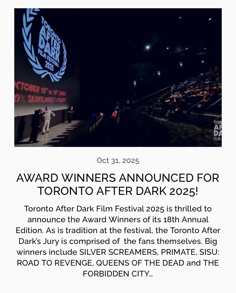 CONGRATULATIONS to our winners of THE 2025 ADAM LOPEZ AUDIENCE AWARD: 

🥇 Silver Screamers
🥈 Primate
🥉 Sisu: Road to Revenge

As well as, Forbidden City, winner of THE 2025 HARVEY LALONDE VOLUNTEERS CHOICE AWARD! Visit our website for the full list of winners. Link in bio.