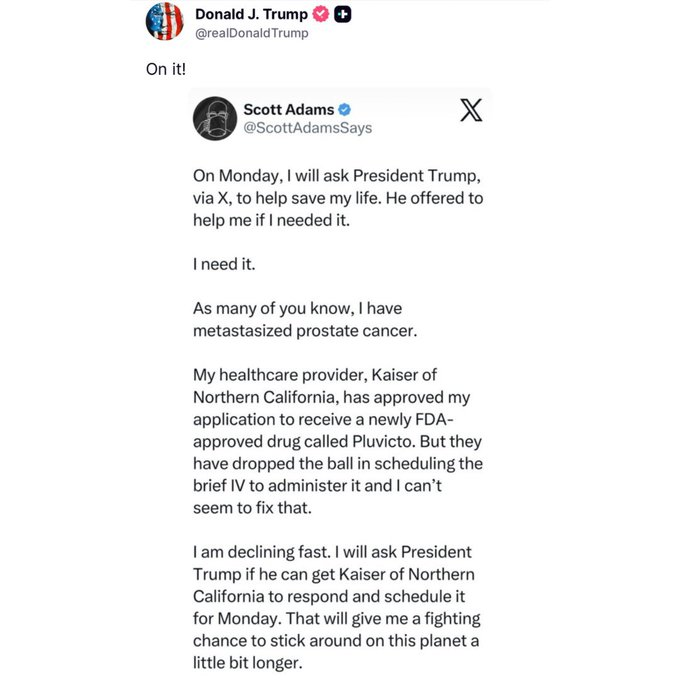 Mollyploofkins's tweet image. Dilbert creator Scott Adams begs Trump to &apos;save his life&apos; amid cancer battle. Trump responds, &quot;On it!&quot;