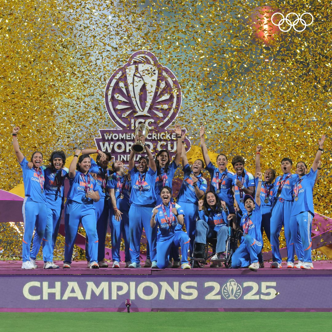 OlympicKhel's tweet image. Years of waiting, one unforgettable night. 🇮🇳🏆

Team India lift their first-ever ICC Women’s World Cup title! 💙