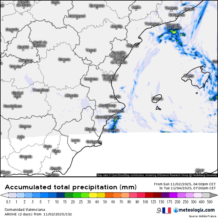 VIAMValencia's tweet photo. Mapa de precipitación total acumulada hasta el martes por la tarde del modelo AROME.
Prácticamente sin lluvia, parece que vamos a tener una semana tranquila
@Tiempo_Valencia @apuntoratge @AEMET_Esp @AEMET_CValencia https://t.co/gjNqjr85t2