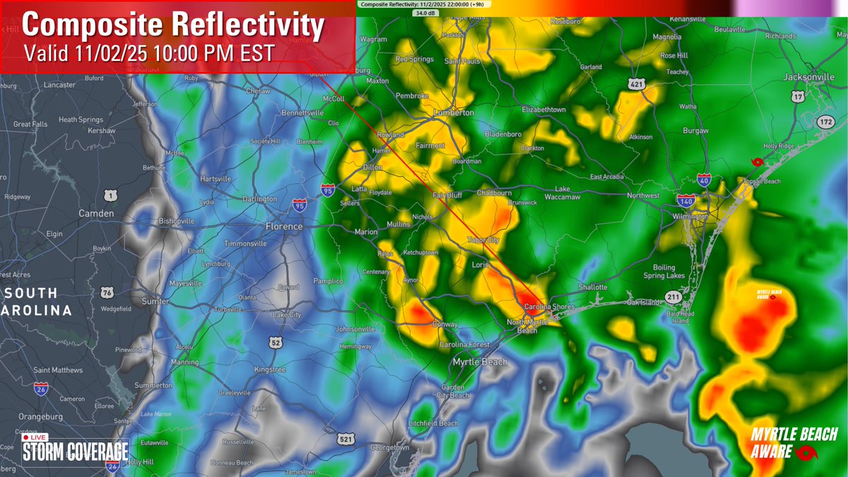 mbAwareWx's tweet image. 🌧️ Evening Update: Clouds &amp;amp; showers continue tonight as an upper low moves east. A few coastal storms possible. Rain ends early Monday.

🌡️ Lows: 50s | Highs Mon: mid 60s
💨 Breezy NW winds Monday, cooler air moves in.
#MyrtleBeach #SCwx #NCwx #WeatherUpdate