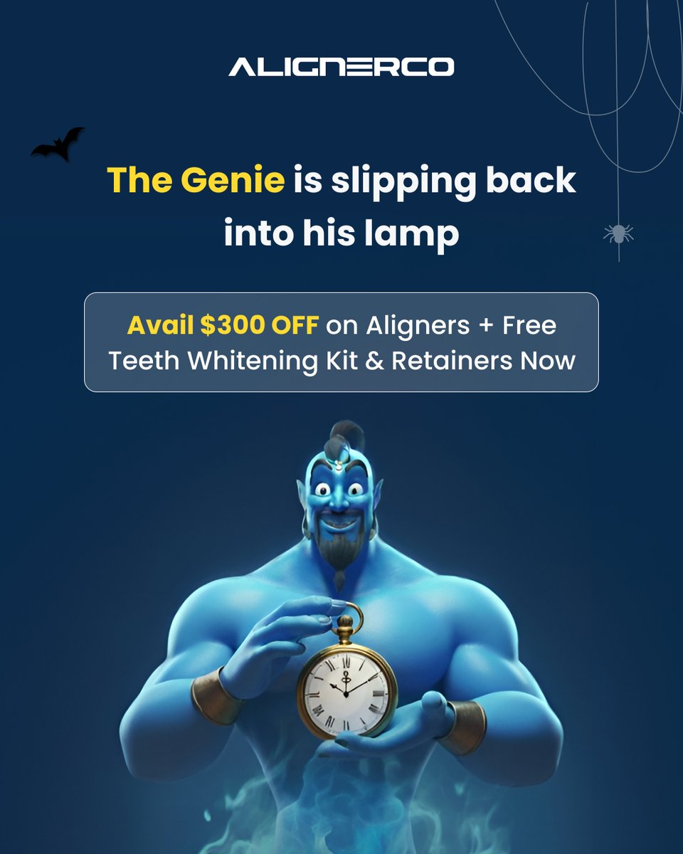 ALIGNERCO's tweet image. 🧞‍♂️ The Genie is disappearing… last chance to claim your $300 OFF Aligners + FREE Teeth Whitening Kit &amp;amp; Retainers!
alignerco.com
#SmileGenie #HalloweenOffer #SpookySavings #ClearAligners #TreatYourSmile #NoTricksJustTreats #SmileTransformation #LastChance #ALIGNERCO