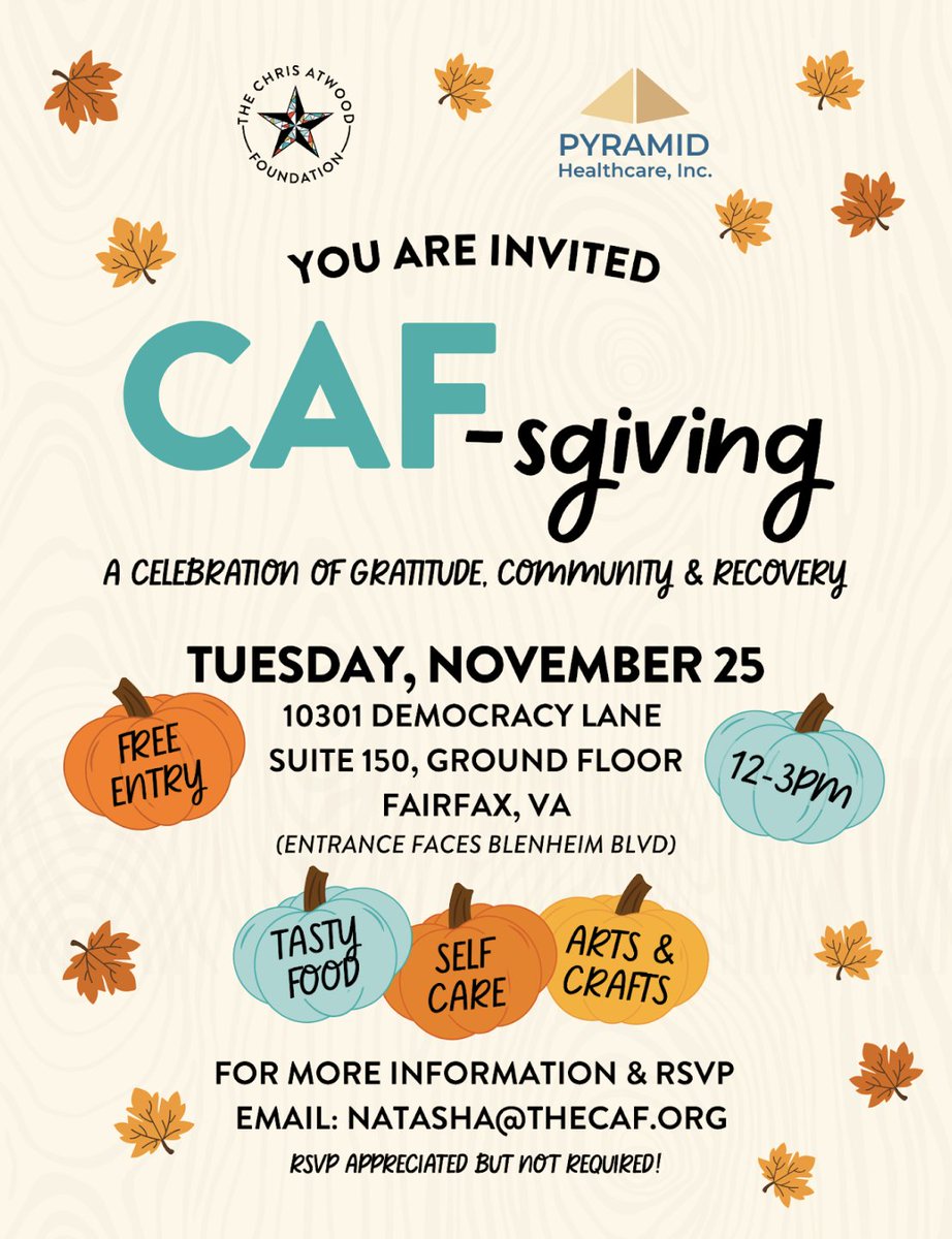 ChrisAtwoodFND's tweet image. Mark your calendars and join us for CAF-sgiving! A special celebration of gratitude, community, and recovery on Tuesday, November 25th, 12–3 PM at our Recovery Community Center.

FREE, your RSVP is appreciated: natasha@thecaf.org. 

#CAFsgiving #CommunityAndRecovery #Gratitude