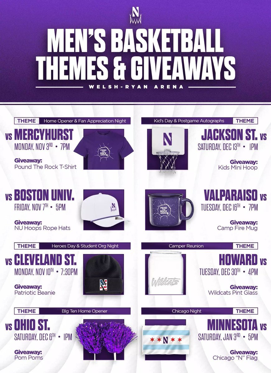 Giveaway items for all fans at Welsh-Ryan Arena 🟣

Don't miss out ⤵️

🎟️ nusports.evenue.net/list/MB