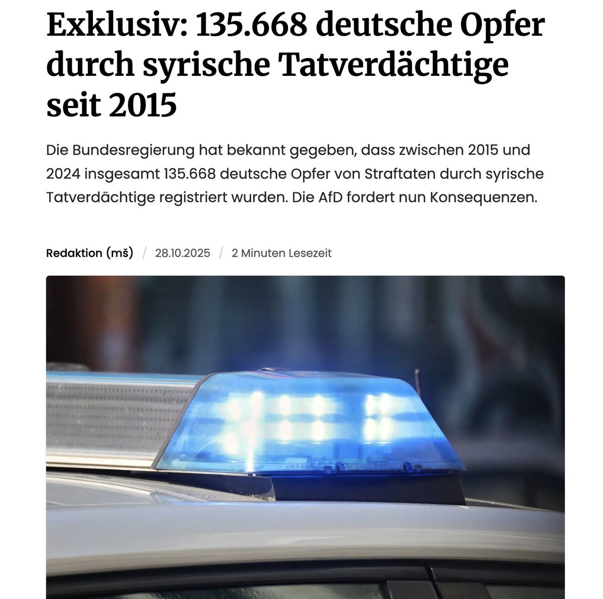 ΟΙ ΕΠΕΝΔΥΣΕΙΣ ΑΠΕΔΩΣΑΝ
    Η γερμανική κυβέρνηση αποκάλυψε ότι συνολικά 135.668 εγκλήματα έχουν διαπραχθεί από Σύριους "επενδυτές" μεταξύ 2015 και 2024, ένα κάθε 39 λεπτά, τα τελευταία 10 χρόνια.
    Τα στοιχεία δημοσιεύθηκαν από το Ομοσπονδιακό Υπουργείο Εσωτερικών σε απάντηση