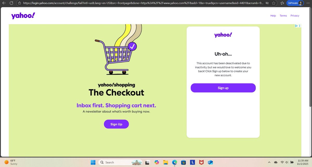 AlexSylber's tweet image. Hey @YahooCare, my Yahoo account was deactivated due to inactivity (image 1), but when I try to sign up again, I get &quot;This email address is not available&quot; (image 2). Can you help me re-use this username or advise on how long I need to wait? Thanks! #YahooSupport