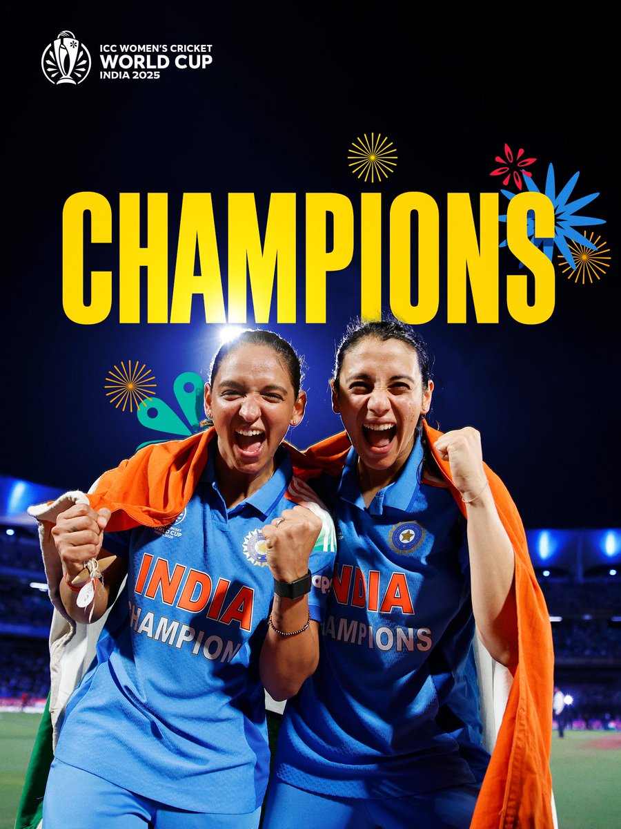 #TeamIndia | #WomenInBlue | 
#CWC25 | #INDvSA | #Champions |
<a href="/ImHarmanpreet/">Harmanpreet Kaur</a> | <a href="/mandhana_smriti/">Smriti Mandhana</a> 😍